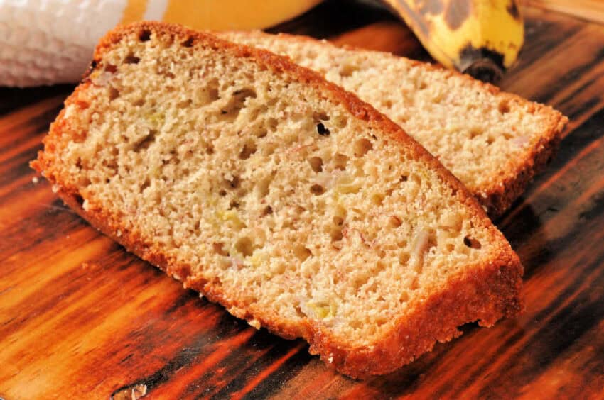 Slices of Banana Bread ona wooden cutting board