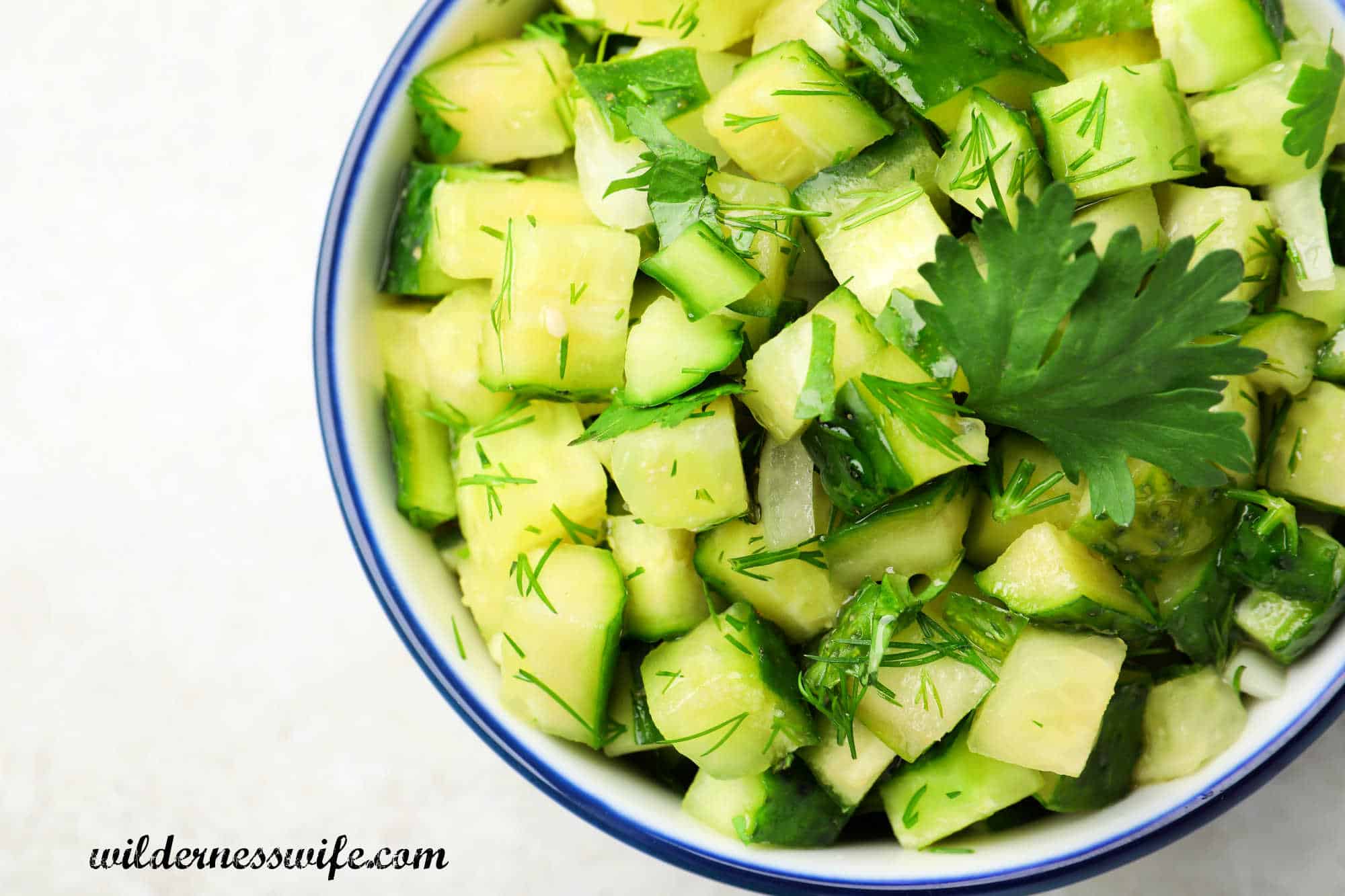 Blue white bowl filled with pineapple cucumber salad sitting on white counter top.